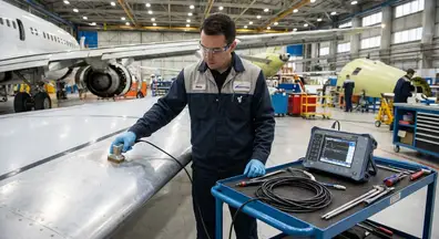An operator in aerospace performing an Eddy Current test